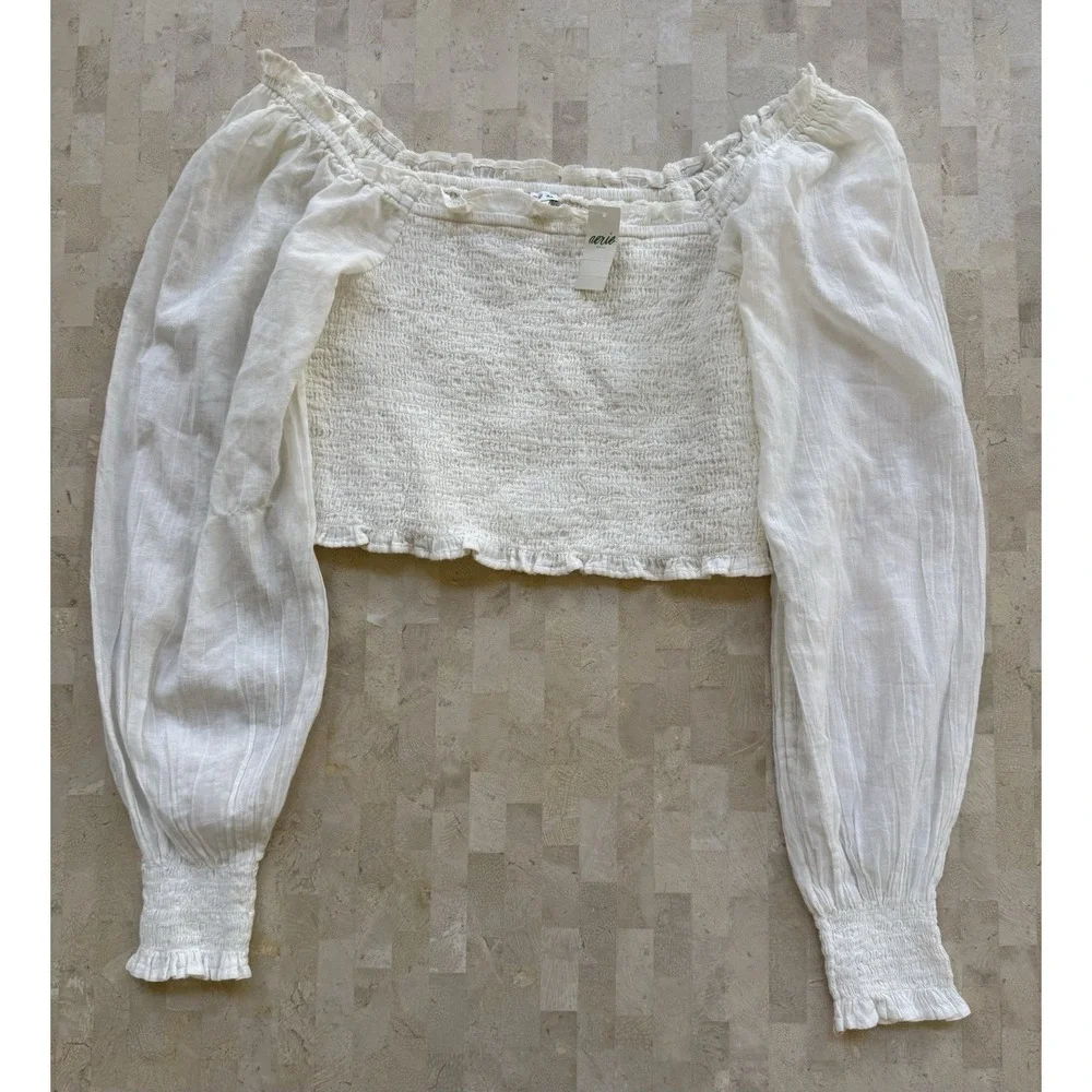Aerie Smocked Long Sleeve Ivory Square Neck Peasant Boho Cottage Top Size M NWT - Picture 2 of 7